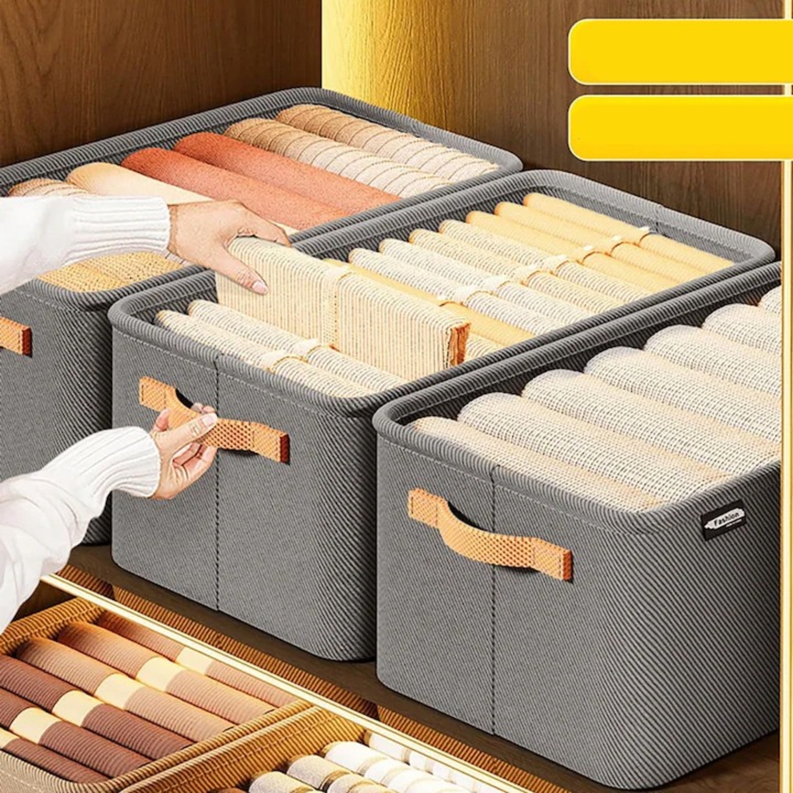 Cutie Depozitare Flippy, pentru Haine, lucruri, din Textil cu Cadru Metalic, Manere Laterale, forma Dreptunghiulara, 48 x 28 x 25 cm, volum 34 L Gri