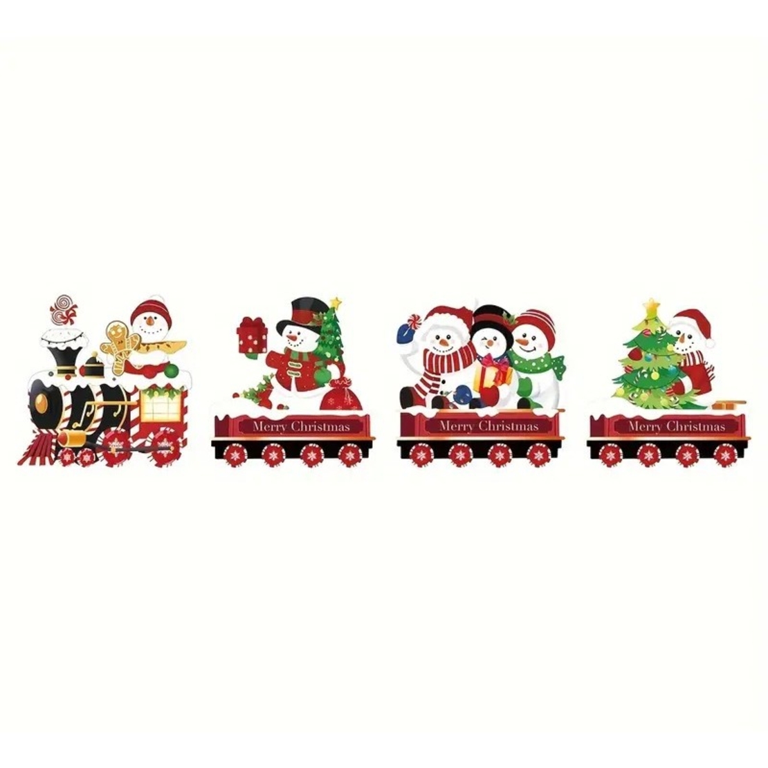 Decoratiune de Craciun, Flippy, pentru Gradina, Tip Trenulet, 4 Figurine + Bete de Infipt in Pamant, din Plastic, Impermeabil, Model Oameni de Zapada, Multicolor