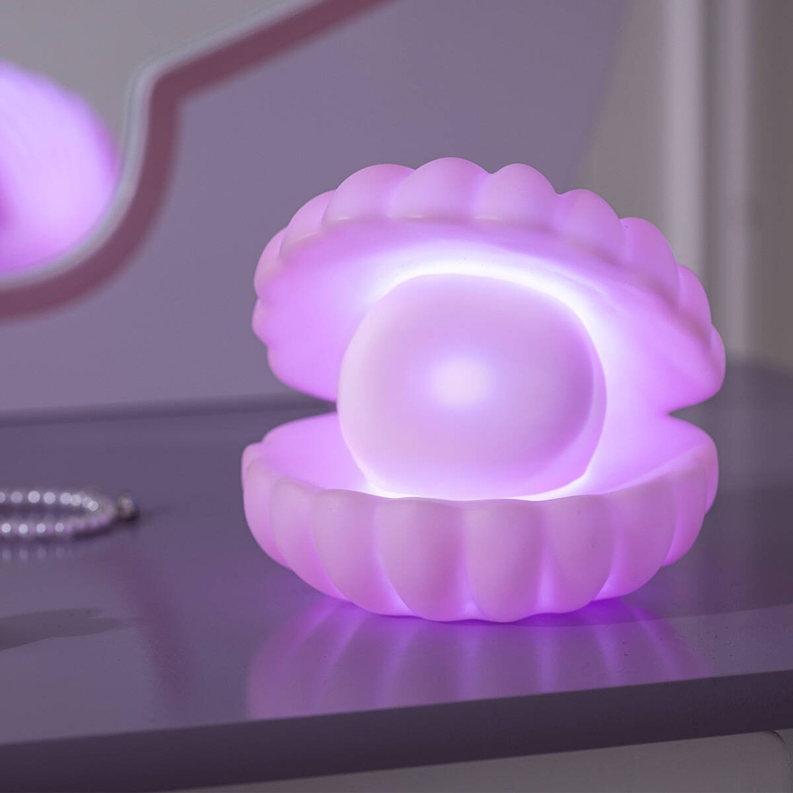 Lampa de Veghe, Flippy, Model Scoica cu Perla, Lumina Calda, 10 x 8.5 cm, Led, Baterii Incluse 3 x LR44, Roz