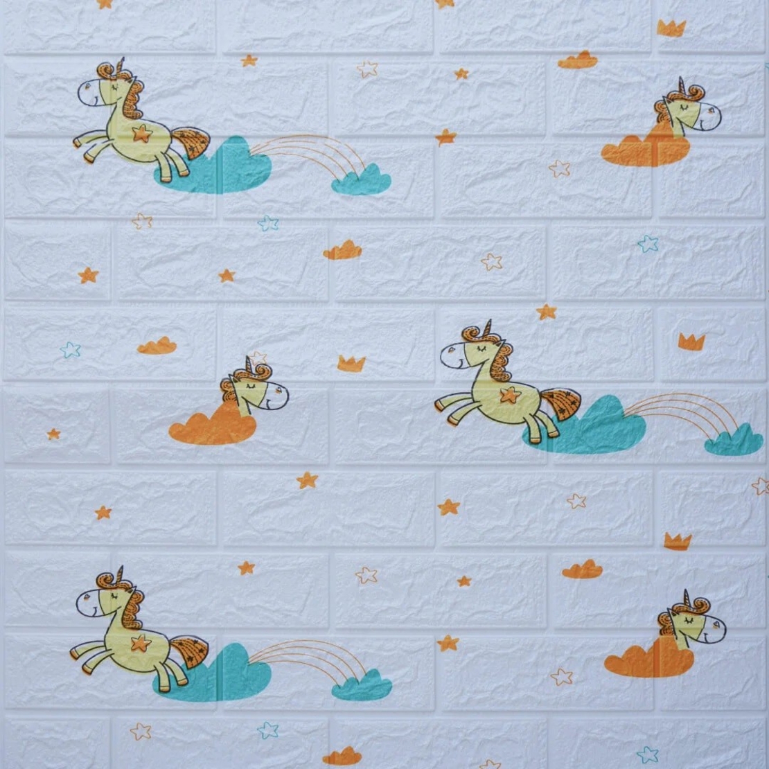 Set 10 Placi Tapet 3D, Flippy, 70 x 77 cm, Grosime 3 mm, din Polietilena, Tip Caramida, Model Unicorni, Suprafata acoperita 5.3 mp, Alb