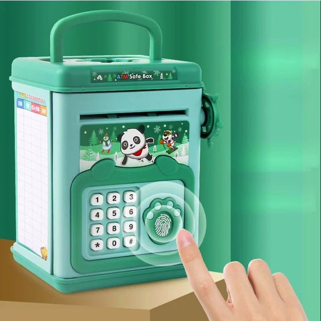 Pusculita pentru Copii, Flippy, pusculita pentru economii SMART BOX cu efecte sonore, Tip ATM, cu Parola cu Amprenta, din plastic, 20 x 13.5 x 11.5 cm Verde