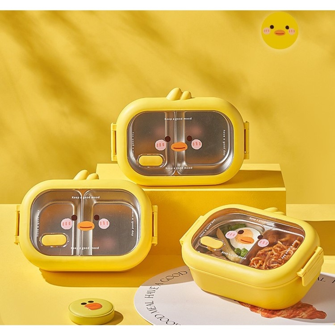 Cutie pentru Pranz sau Gustari, Flippy, cu Doua Compartimente, Model Ratusca, pentru Copii si Adulti, Etansare, PP, Perfect pentru Scoala si Birou, 1000 mL, 22.5x14.5x8 cm, Galben