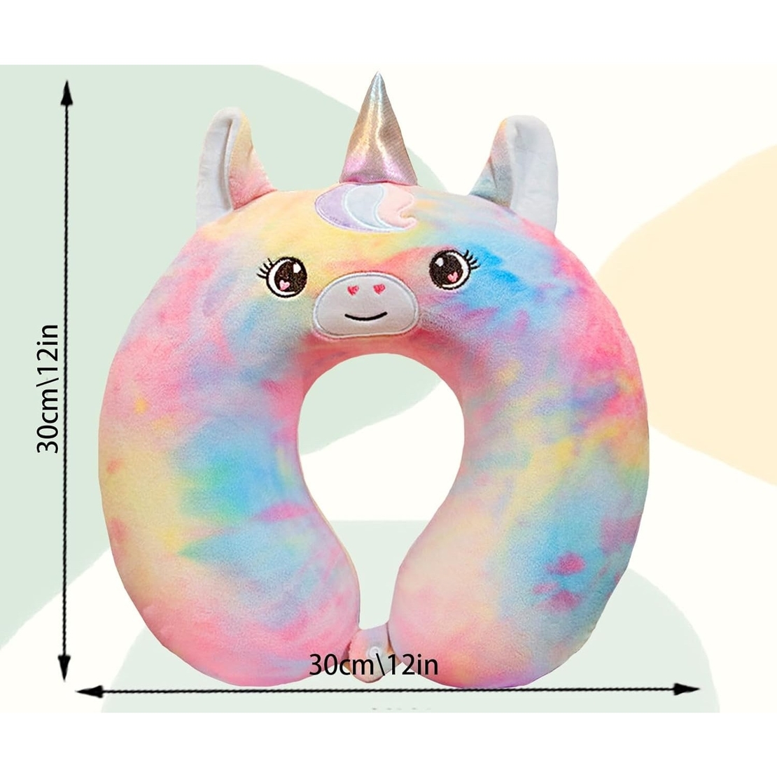 Perna de Calatorie in Forma de U, Flippy, Pentru Gat si Cap, Umplutura din Spuma cu Memorie, 30x30 cm, Model Unicorn, Accesoriu de Voiaj, Birou, Masina, Sistem Prindere Capse, Multicolor