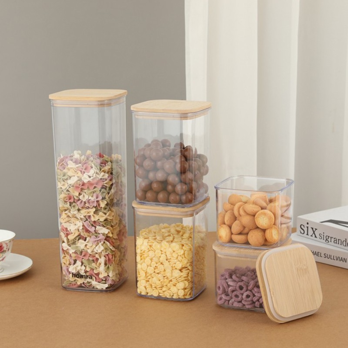 Cutii de Depozitare Alimente, Flippy, Set din 5 Cutii de tip Container, Cutii pentru Cereale, din Plastic, Capac din Bambuc, 1pc 0.5 l. 2pc 0.8 l, 2pc 1.2 l, 1pc 1.9 l,  Transparente
