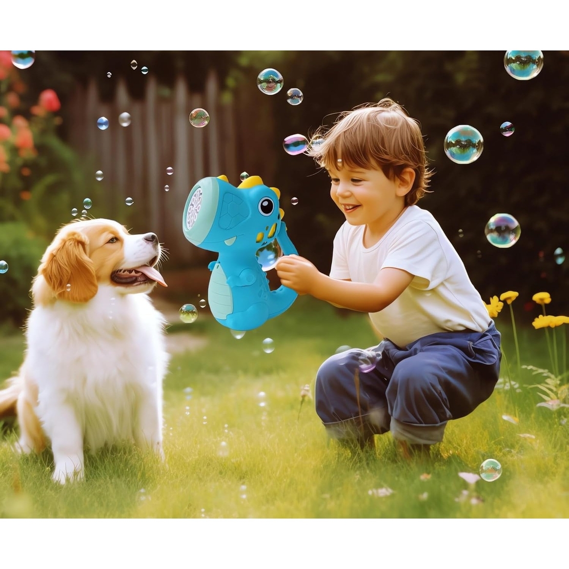 Jucarie Interactiva pentru Baloane de Sapun, Flippy, Sunete si Lumini, Model Dinozaur, cu 8 Orificii, 17.1 x 10.4 x 21.5 cm, Albastru