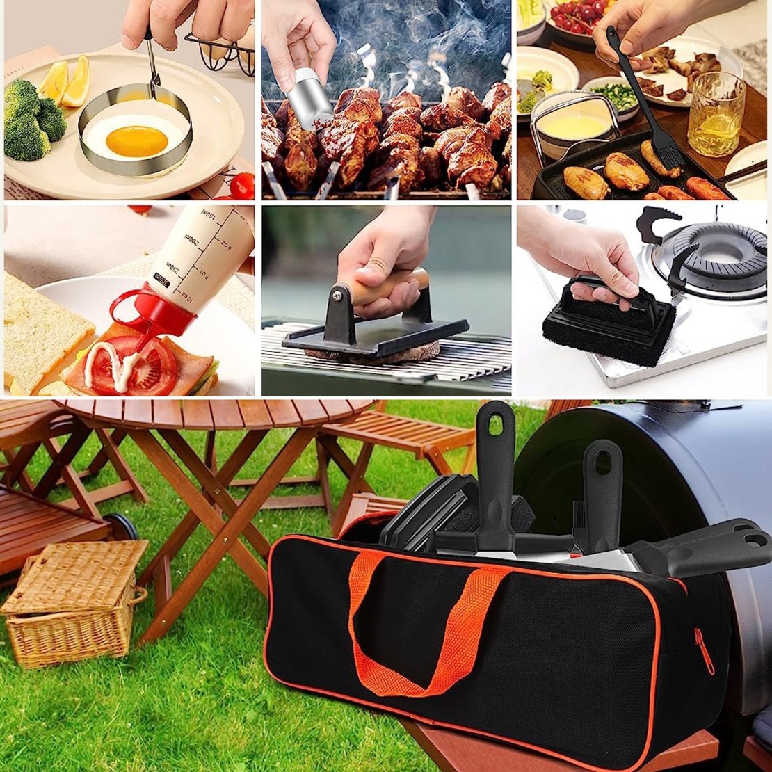 Ustensile pentru Gratar, Flippy, Set din 17 Ustensile pentru Gratar cu Preparare de tip Plita, Ustensile din Otel Inoxidabil cu Manere din Plastic PP, cu Geanta, Negru
