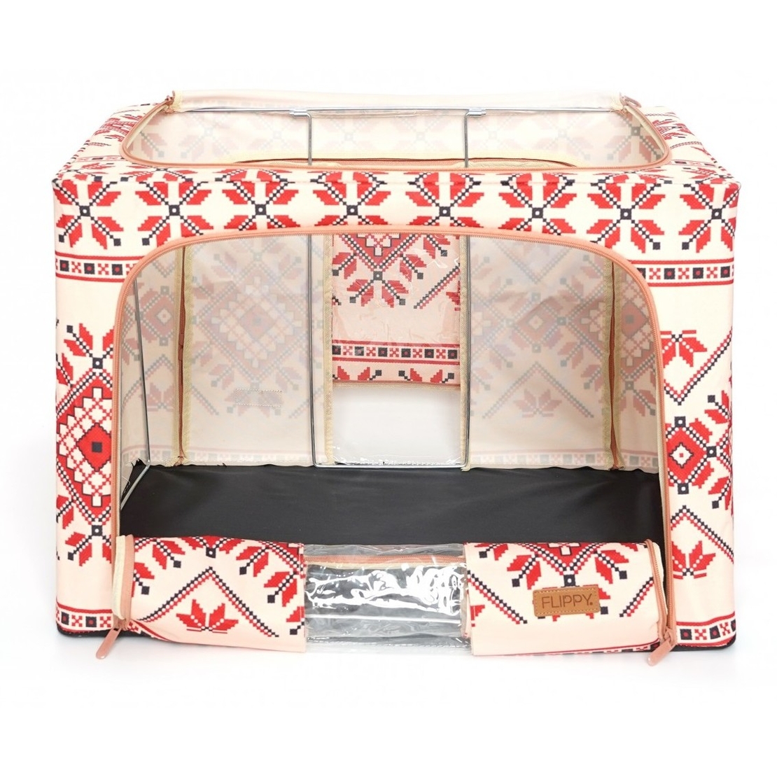 Cutie de Depozitare Pliabila, Flippy,100 L din Bumbac si In, 60X42X40 cm, Fereastra Frontala, 2 Usi de Acces cu Fermoar Bidirectional, Cadru Metalic, Suport Baza Stabil din Plastic, Motiv Traditional Model 2