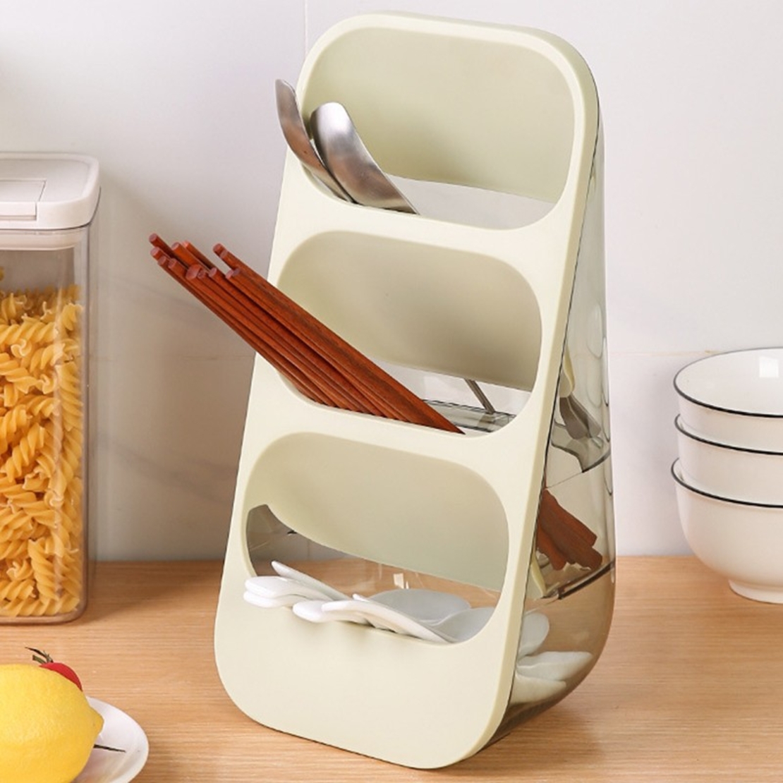 Suport - Organizator pentru Tacamuri, Flippy, 3 Compartimente, Suport pentru Cosmetica, Ustensile, Material PP Durabil, 33 x 16 x 15 cm Verde