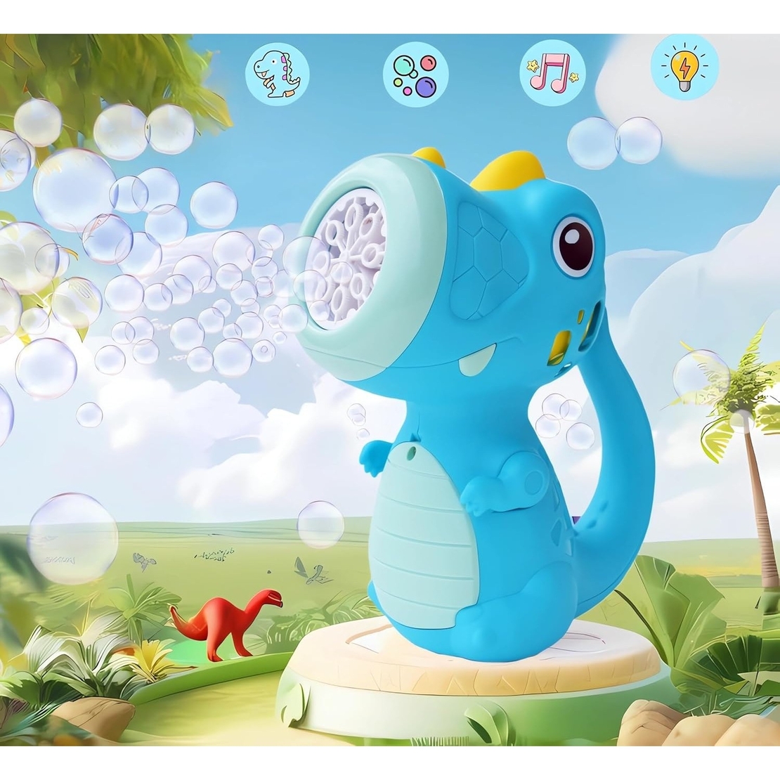 Jucarie Interactiva pentru Baloane de Sapun, Flippy, Sunete si Lumini, Model Dinozaur, cu 8 Orificii, 17.1 x 10.4 x 21.5 cm, Albastru