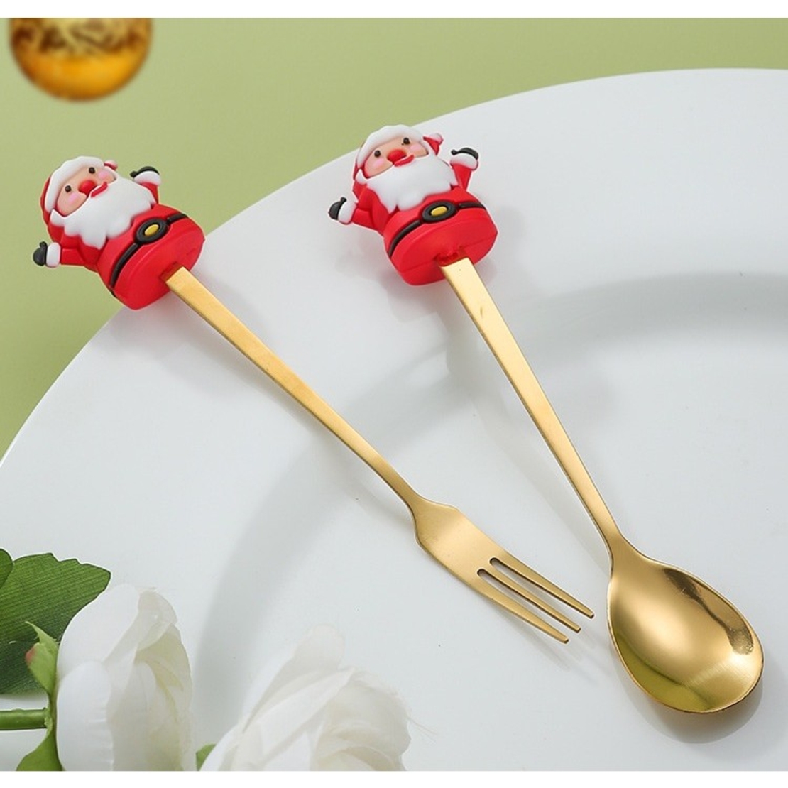 Set 4 Tacamuri, Flippy, Tema Craciun, 2 Linguri + 2 Furculite, cu Figurine, din Otel Inoxidabil, Cutie Cadou, 19 x 15 x 2.2 cm, Auriu