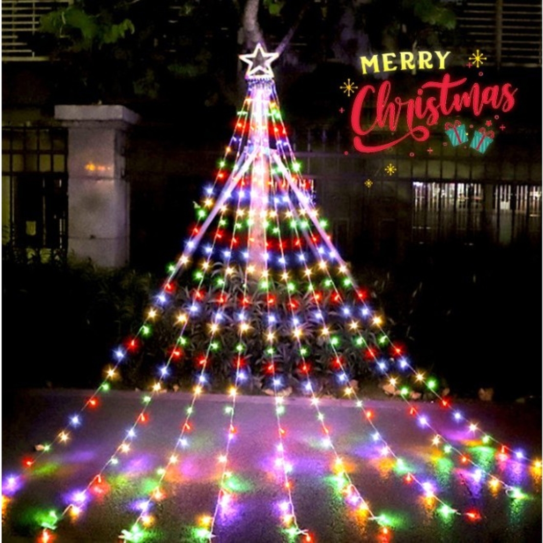 Instalatie luminoasa tip perdea pentru pomul de Craciun, cu stea luminoasa, 350 LED-uri, conectare retea, interior/exterior, lumina multicolora, Tree Dazzler