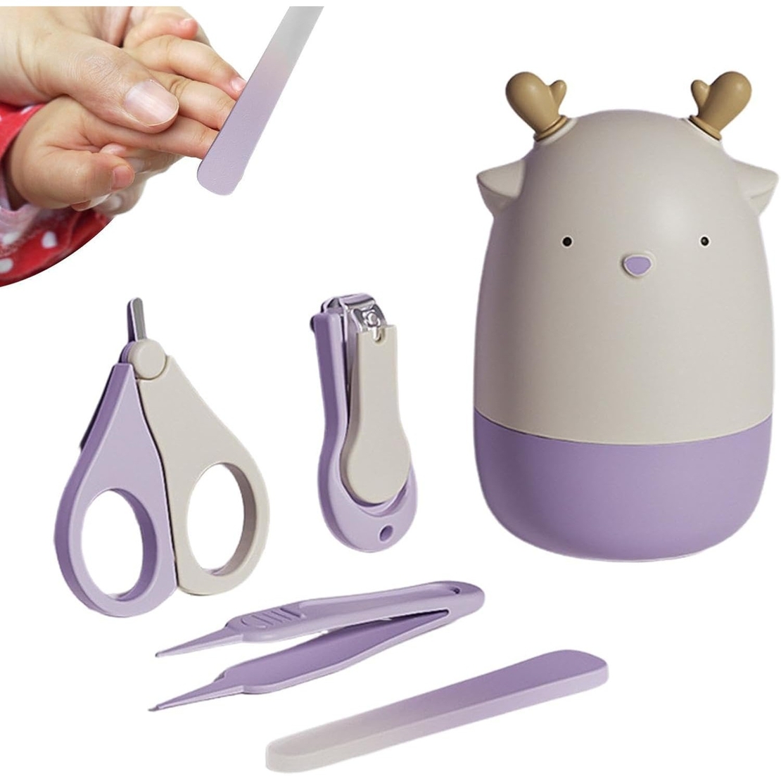 Set 4in1 de Ingrijire Unghii pentru Bebelusi, Flippy, Cutie de Depozitare Tip Cerb, 0-6 Ani, 11 x 6 x 11 cm, Mov