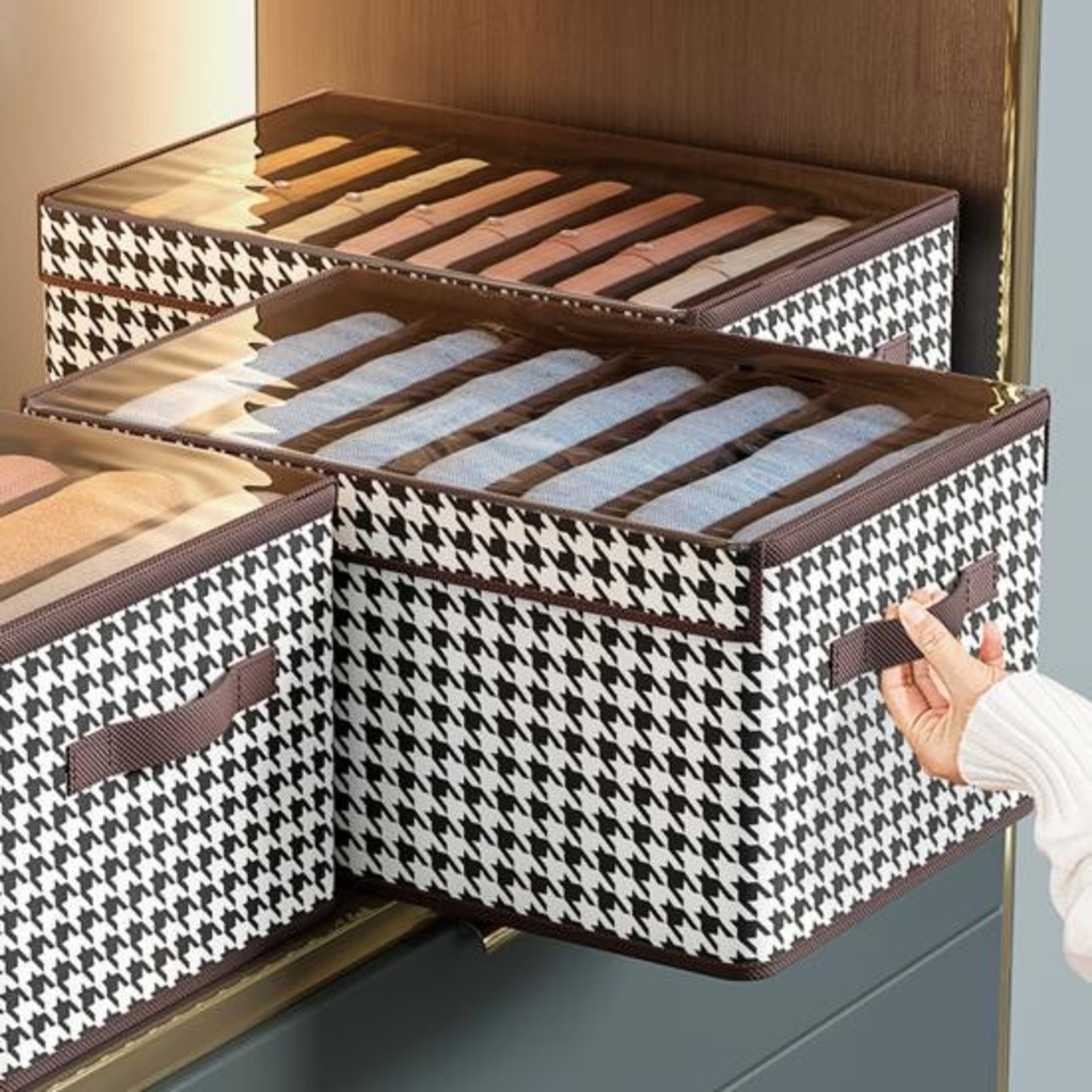 Cutie Depozitare, Flippy, Capac Transparent, Model In Carouri, Model Mic, Maro