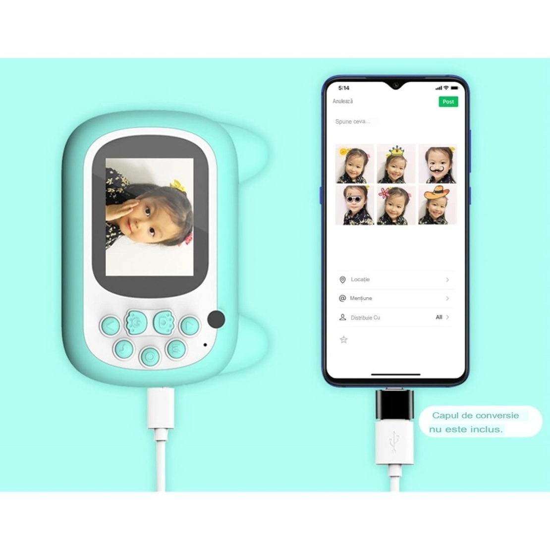 Camera Instantanee pentru Copii, Flippy, Camera Frontala + Selfie, cu Functie de Printare, Cablu USB-C, Bluetooth, Compatibil iOS/Android, Imprimare APP, Model Pisica Smiley Face, Verde