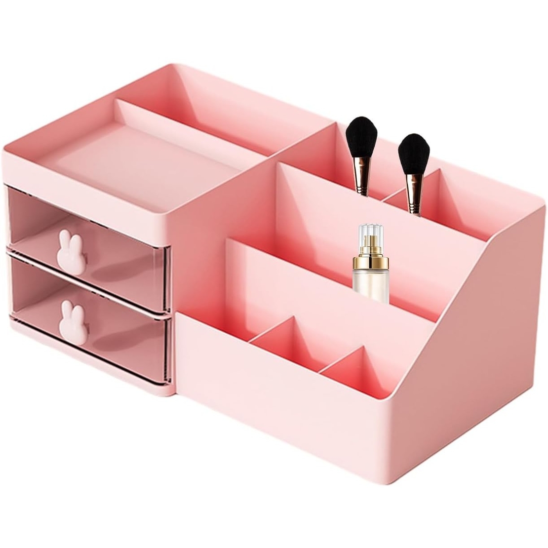 Cutie de Depozitare pentru Birou, Flippy, Pentru Makeup, Papetarie, Organizator Cosmetice, 2 Sertare si Compartimente Multiple, Model Iepuras, Plastic, 27.5x15.5x12 cm, Roz