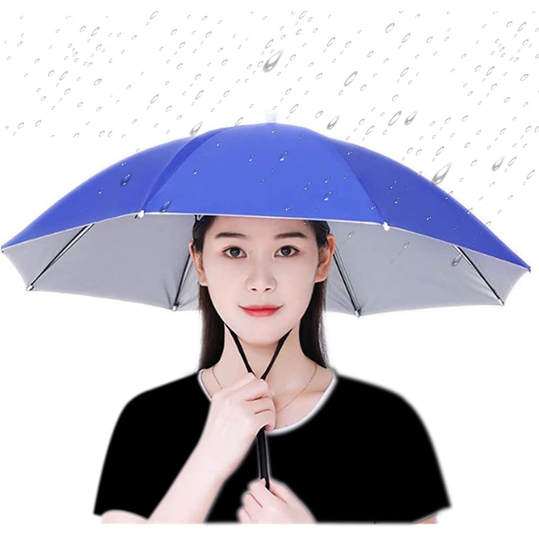 Umbrela de Cap, Flippy, Diametru 69 cm, Snur Reglabil de Cap, Protectie UV/Ploaie, Albastru Inchis