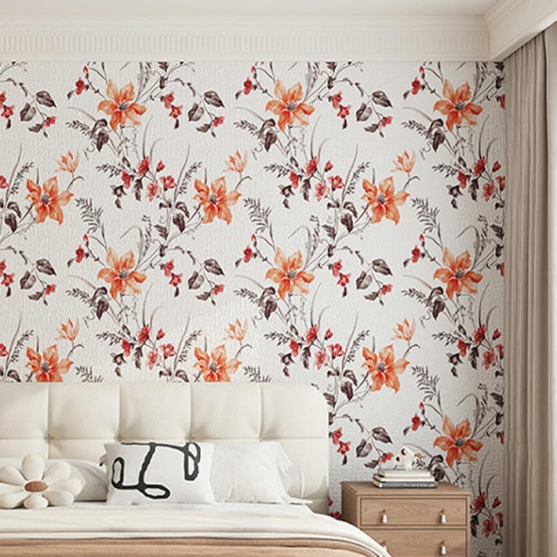Rola Autoadeziva pentru Perete, Flippy, din Panza, 10 m, Rezistenta la Umezeala, 2.5 mm Grosime, Model Flori, Portocaliu