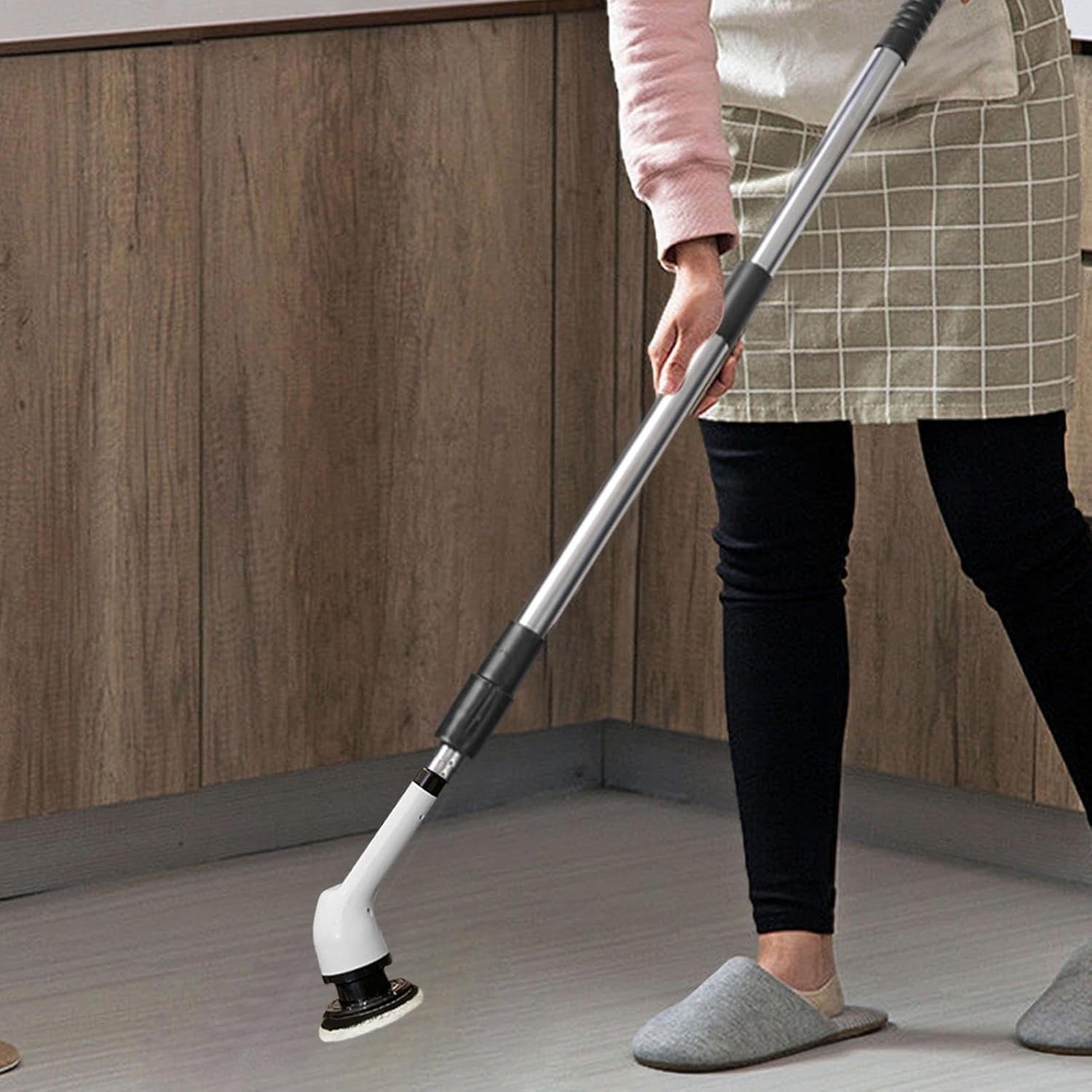 Perie Electrica de Curatare, Flippy, pentru Gresie, Baie, Bucatarie, 25x20x9.5 cm, cu 9 Capete, Maner Extensibil Detasabil 84-127cm, Incarcare USB-Type C, Rotire 360 de Grade, 3000 mAh, Culoare: Alb