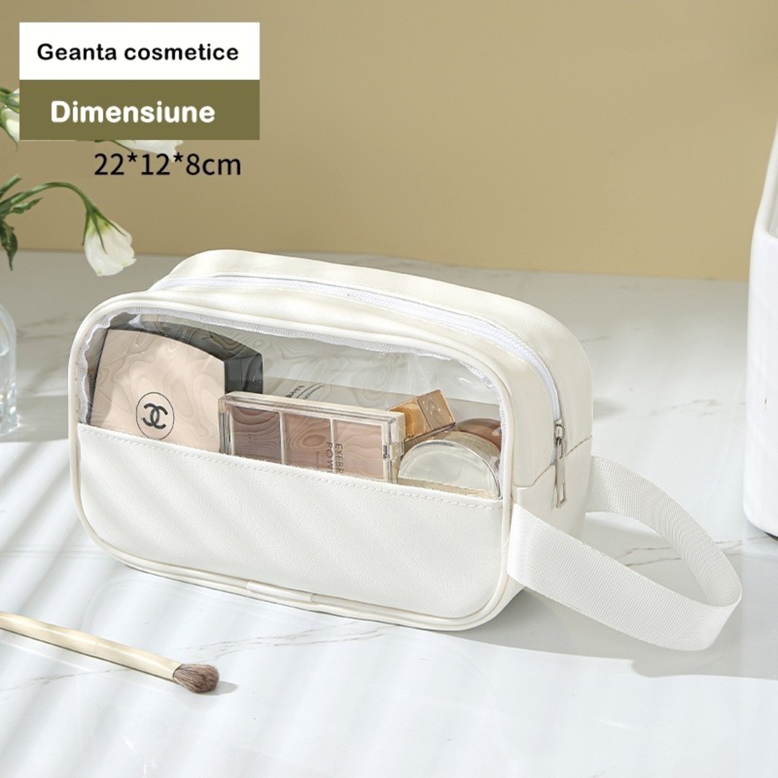 Geanta cosmetice Flippy, pentru voiaj sau organizare, material PVC/textil, impermeabila, portabila, 22 x 12 x 8 cm, alb