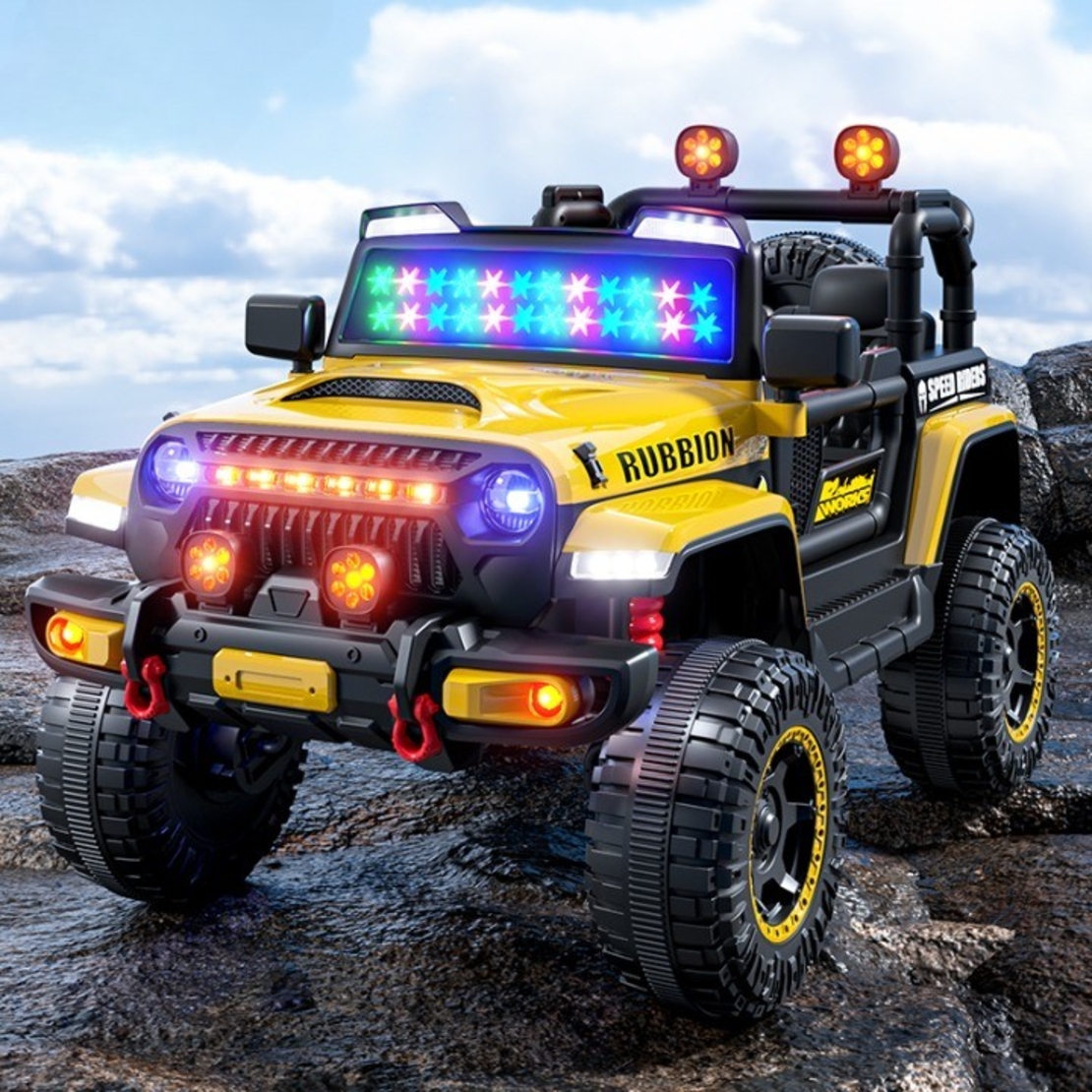 Masina Electrica pentru Copii, Flippy, Off-Road, Conectare Bluetooth, telecomanda, Tractiune Spate, Lumina Intermitenta, Baterie 12V 7Ah, 120 x 63 x 68cm, Galben