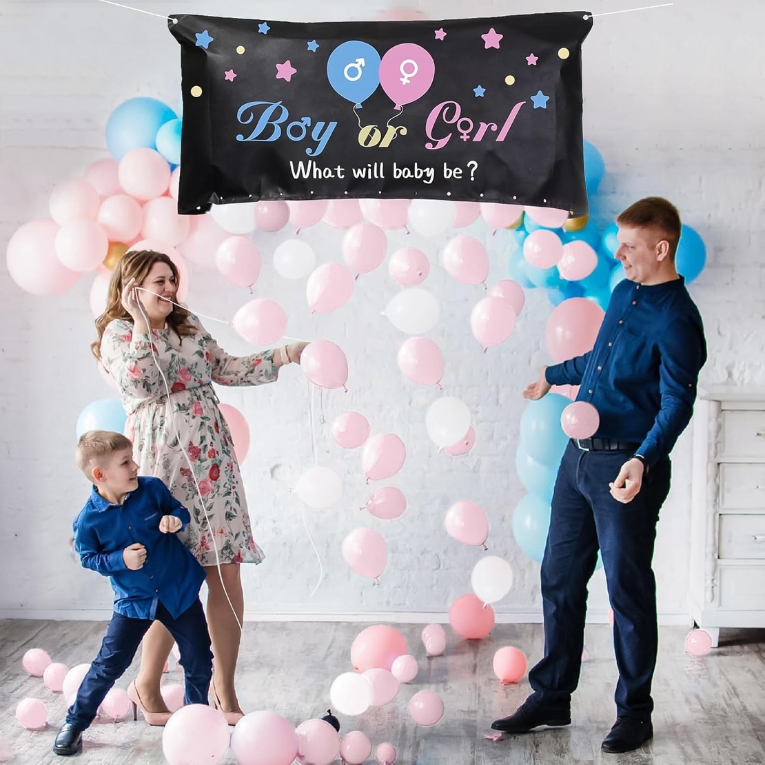 Set Gender Reveal, Flippy, Balloon Drop Bag, din Plastic si Latex, 24 Baloane Roz si Albastru 13 cm, Sac pentru Baloane 60 x 120 cm, Multicolor