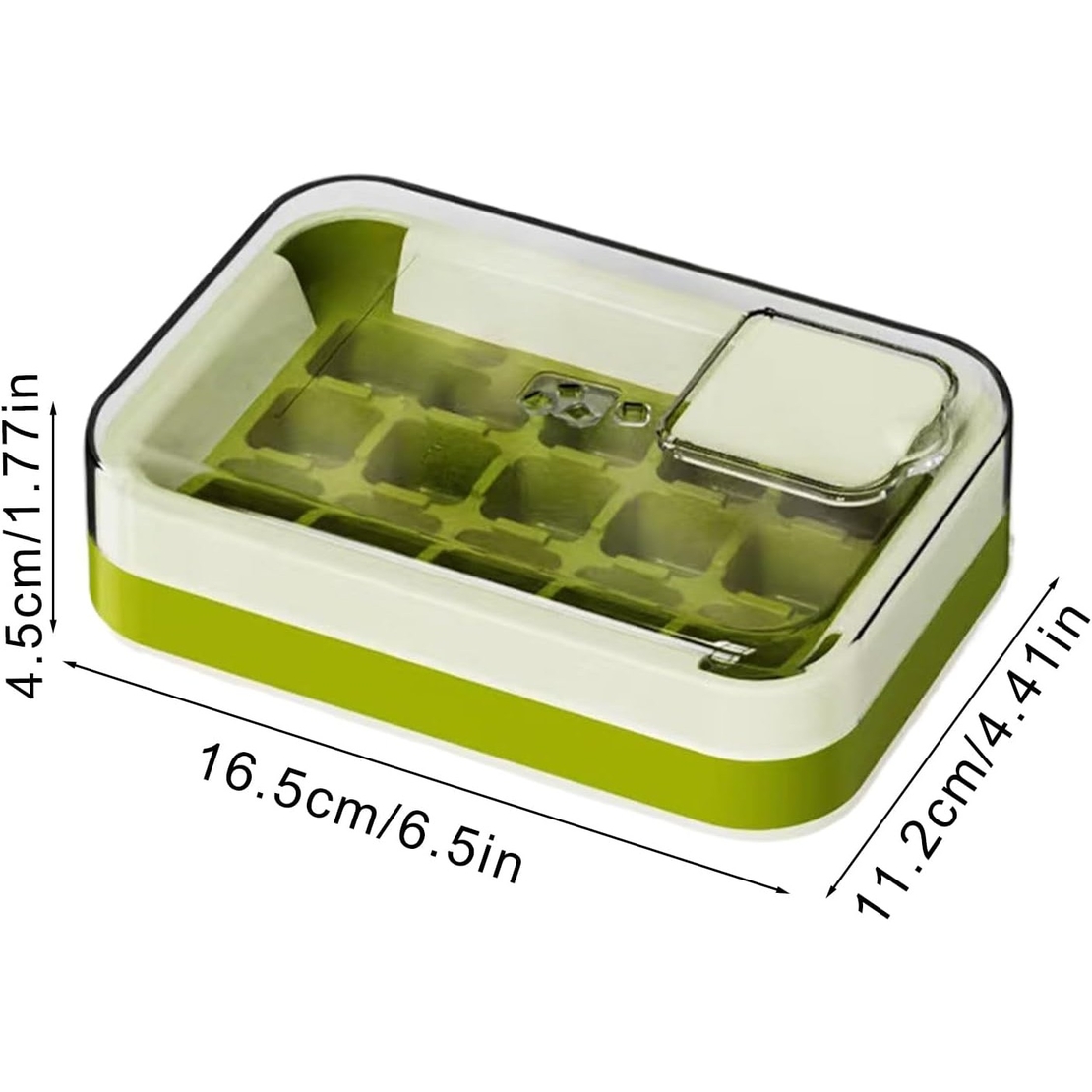 Cutie Gheata, 15 Cuburi, Cu Sistem de Presare Spate, Capac de Umplere și Evacuare, 1 L, 16.5 x 11.2 x 4.5 cm, Verde