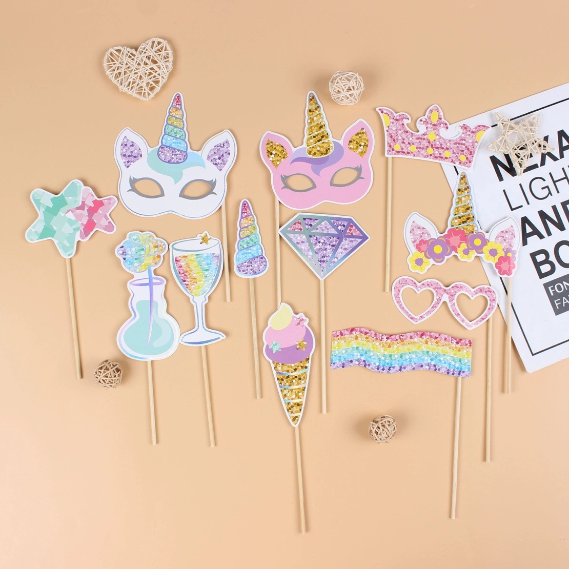 Set 12 Accesorii pentru Petrecere, Flippy, Props pentru Photo Corner, Tema Aniversare Copii, Multicolor