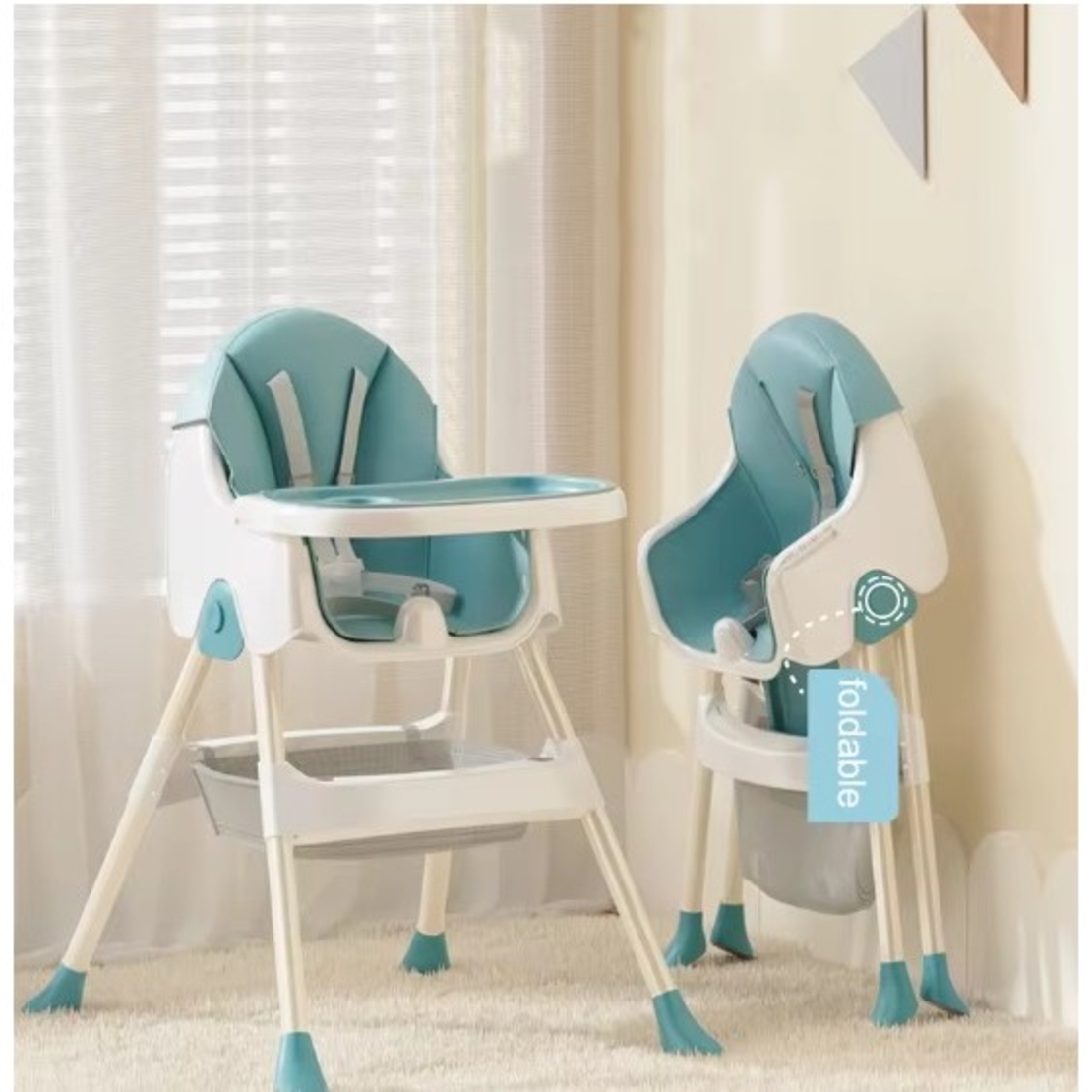 Scaun de Masa Pliabil 3in1, Flippy, Reglabil, Multifunctional, 3 Pozitii, Masuta si Husa Detasabile, Centura de Siguranta, Albastru