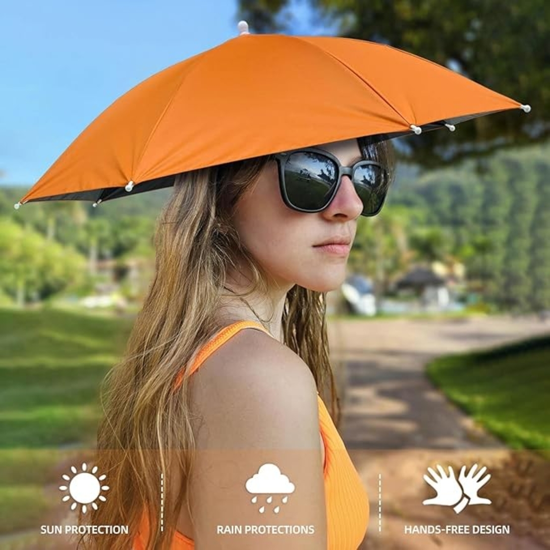 Umbrela de Cap, Flippy, Diametru 69 cm, Banda Elastica de Cap, Protectie UV/Ploaie, Portocaliu