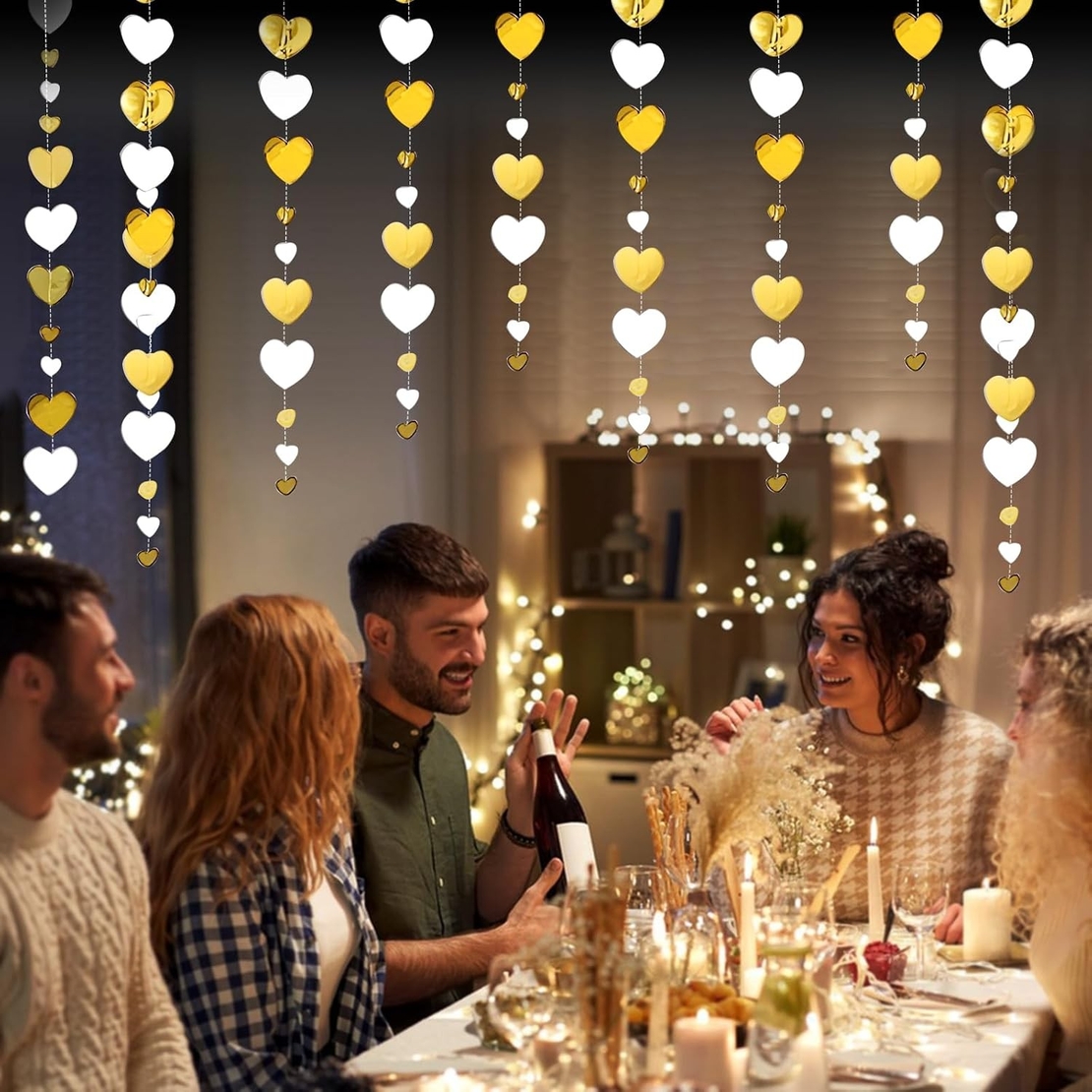 Banner cu Inimioare, Flippy, Tip Franjuri, 4 m, Rola de Ata Inclusa, Auriu/Alb