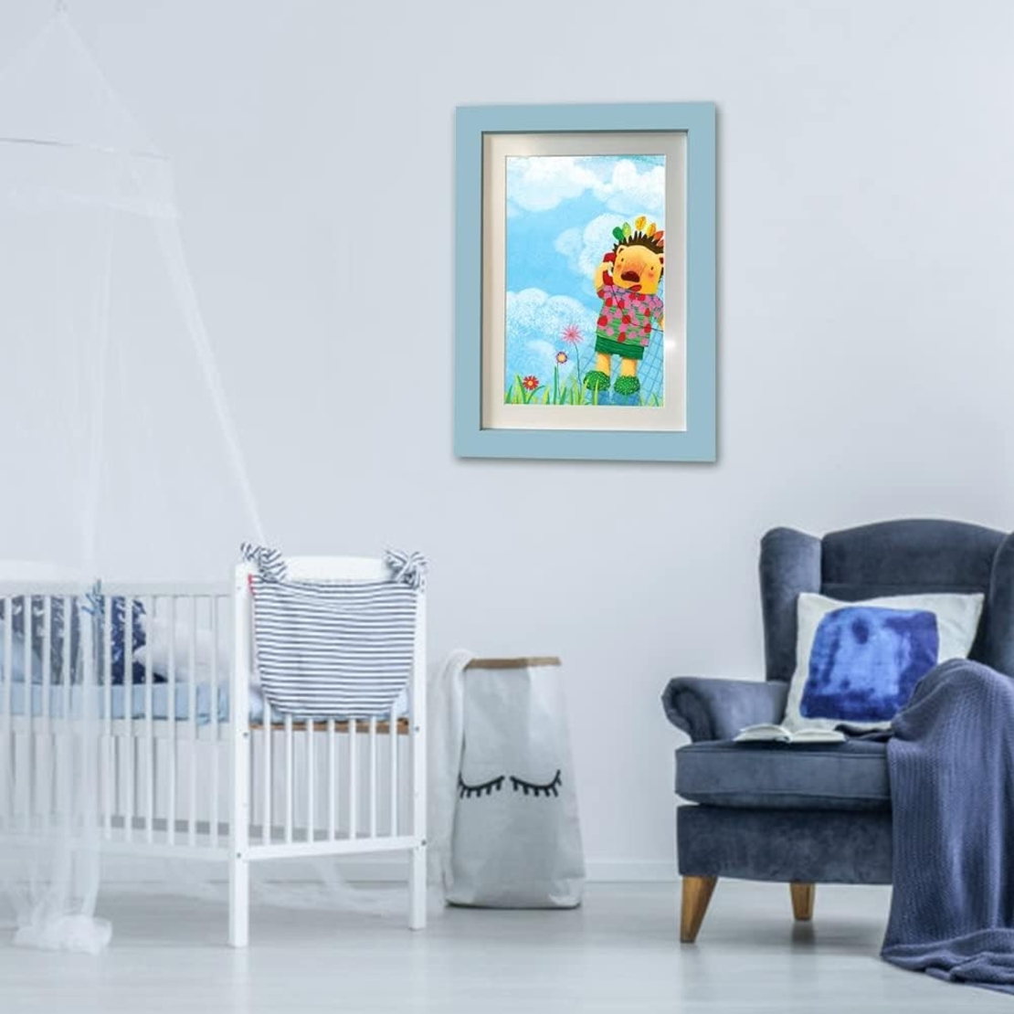 Rama Foto Flippy, cu Magnet, din Lemn, cu Spatiu Pentru Depozitare, Pentru Desene si Picturi A4, Sticla Securizata, Rama MDF, 21x30 cm, Albastru