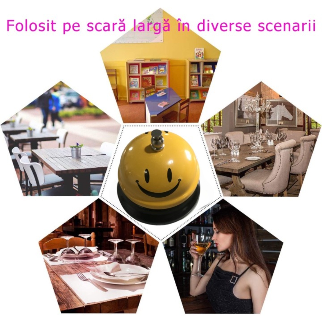 Clopotel Metalic Multifunctional, Flippy, Galben cu Imprimeu Smiley Face, 7.5x7.5x6.5 cm, Receptie, Restaurant, Cafenele