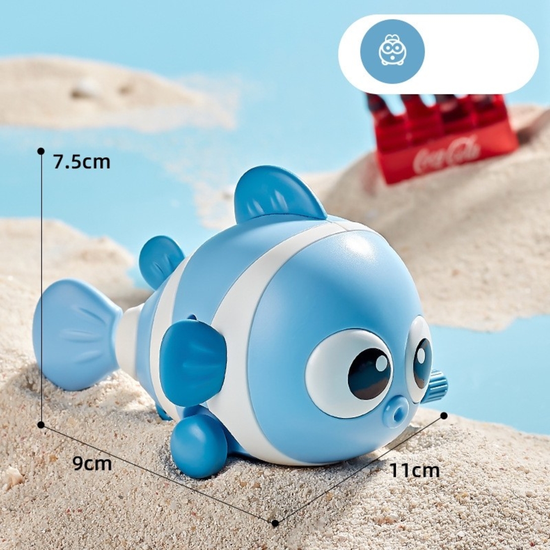 Jucarie mecanica pentru copii Flippy, pestisor haios, cu cheita, distractiv, se taraste, se misca, 11 x 9 x 7.5 cm cm, albastru