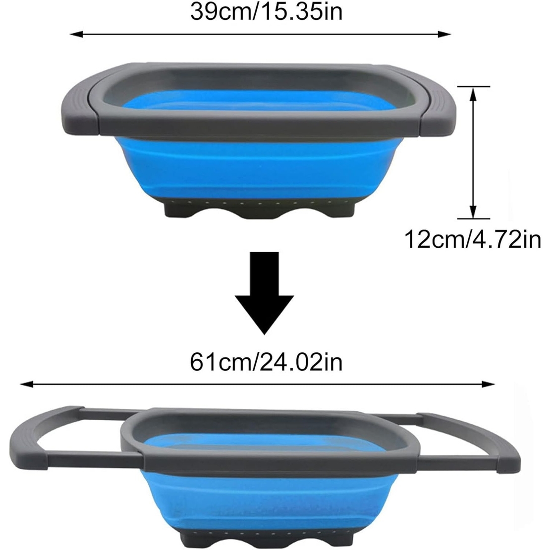 Cos de Scurgere Retractabil pentru Chiuveta, Flippy, cu Filtru, pentru Fructe si Legume, de Uz Casnic, 39x12 cm, Design Extensibil pana la 61 cm, cu Manere de Prindere, Albastru