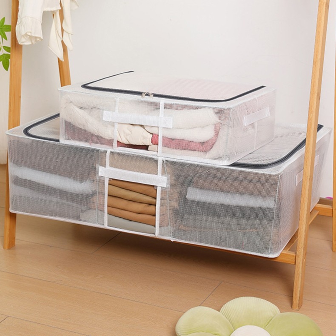 Cutie de Depozitare, Flippy, pentru Pantofi Haine, din Plasa PVC Impermeabila si Manere Laterale, Pliabila, Fermoar Bidirectional, 50 x 40 x 15 cm, Transparenta