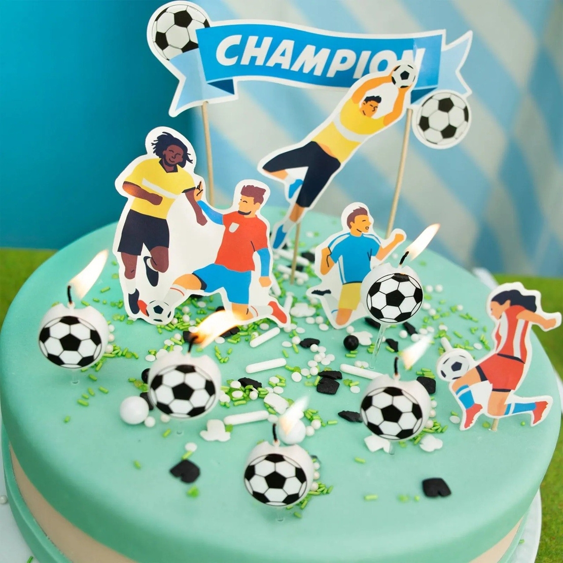 Set 5 Lumanari de Tort, Flippy, Model Mingi de Fotbal, 3.5 cm, din Ceara, Alb/Negru