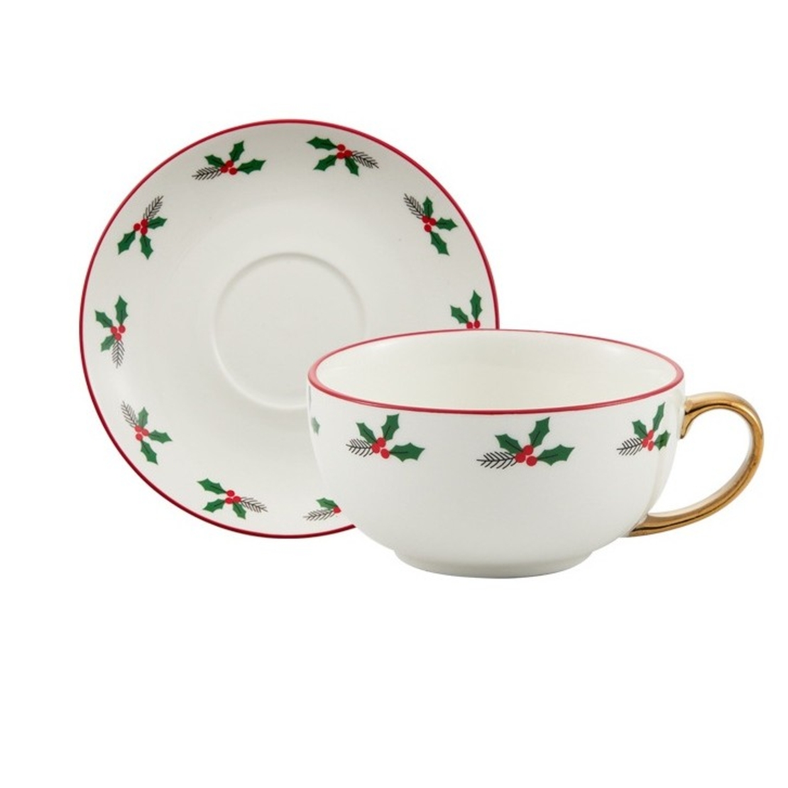 Set de Ceai, Flippy, Tema Craciun, Ceainic 420 ml, Cana 310 ml, Farfurie, din Portelan, Model Happy Christmas, Rosu