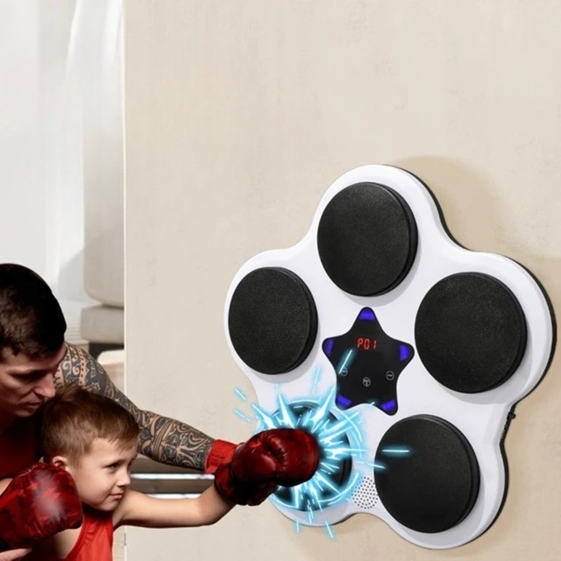 Jucarie de Boxat cu Muzica si Lumini, Flippy, Bluetooth, Incarcare USB, Aplicare cu Ventuze, 5 Tinte, 40x38x8 cm, 930 g, Alb