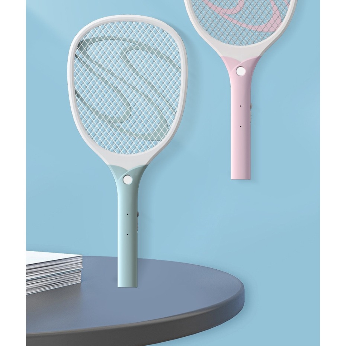 Paleta Electrica pentru Tantari, Muste sau Insecte LED, Flippy, Reincarcabila, Incarcare USB, Plastic, Casa si Gradina, Anti-insecte, Alb-Albastru