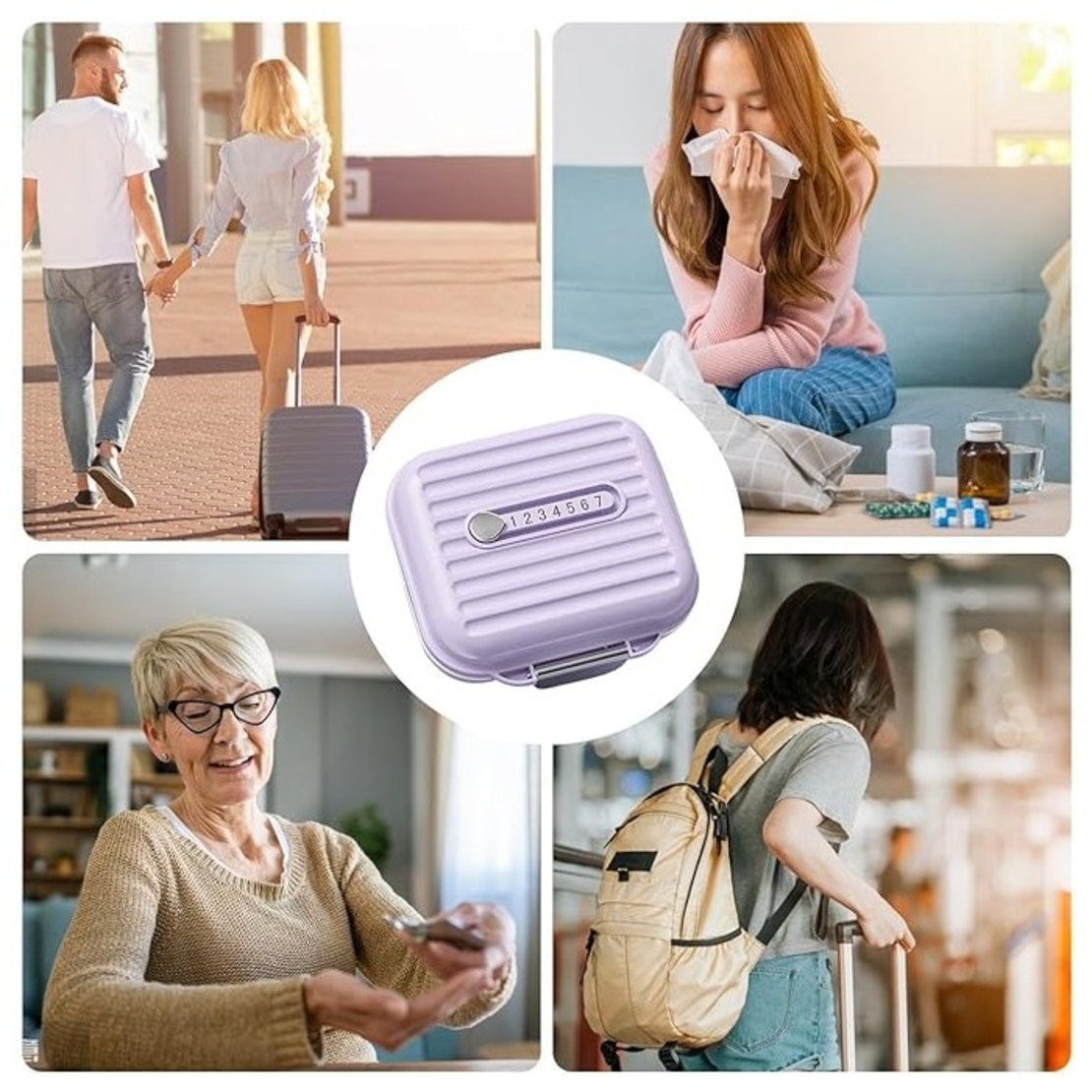 Cutie Medicamente, Flippy, Mov, 7 Compartimente, Portabila si Compacta, 7.8x7.2x3.5 cm, Ideala pentru Uzul Cotidian