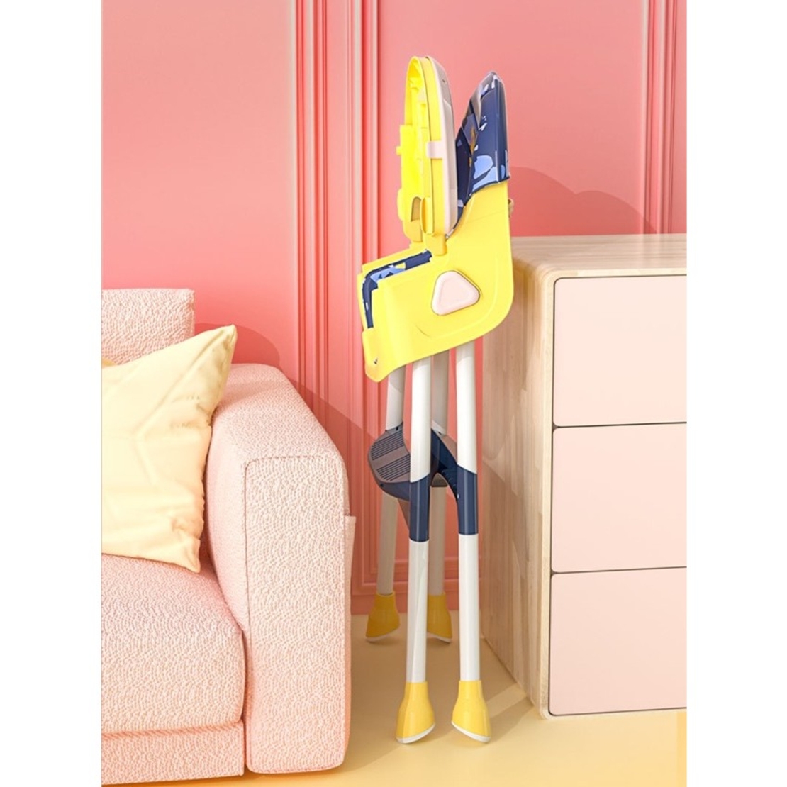 Scaun de Masa 2in1, Flippy, pentru Copii de la 6 luni - 5 Ani, Inaltime Reglabila, Centura in 5 Puncte, Tava de Masa, Roti cu Frana, Cos Depozitare, Jucarie Inclusa, 94 x 78 x 60 cm, Albastru/Galben