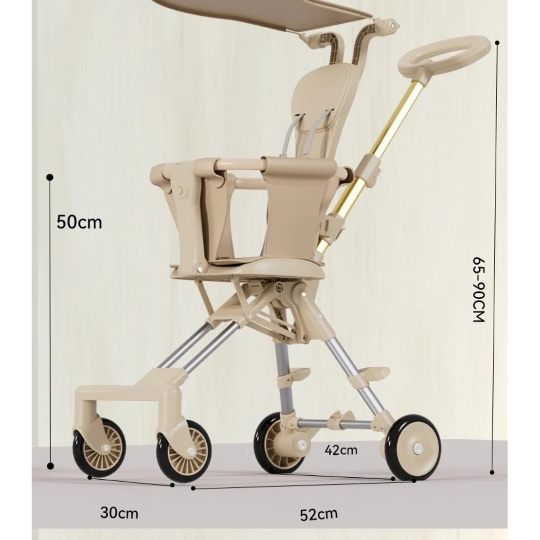 Carucior Pliabil, Flippy, 1-3 Ani, Reversibil, 4 Roti, Parasolar, din Aliaj de Aluminiu + Plastic + Textil, 52 x 42 x 90 cm, Bej