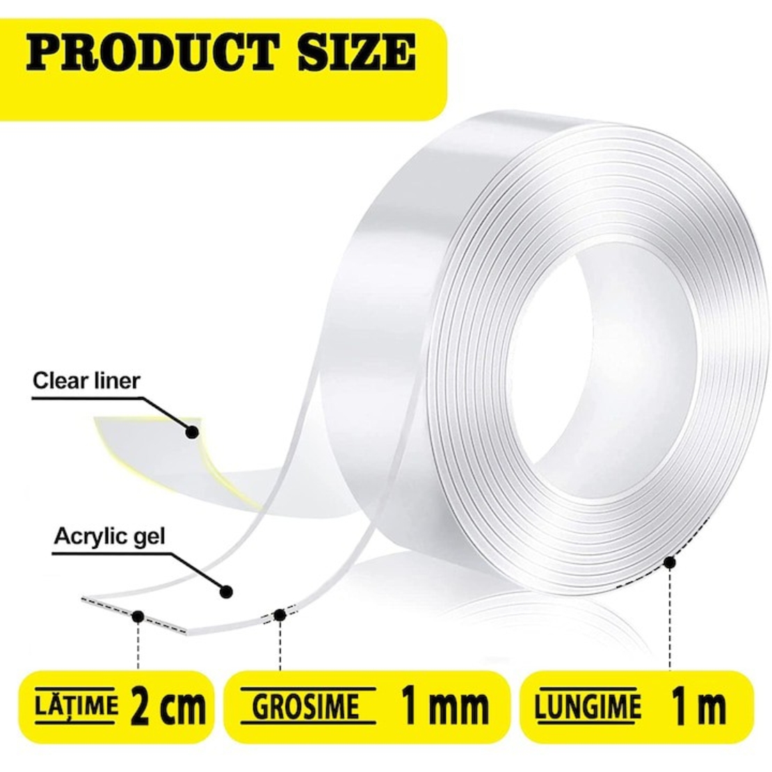 Banda Dublu Adeziva, Flippy, Transparenta, Rezistenta la Apa, Reutilizabila, Tehnologie Nano, 20mm x 1mm x 1m, Fara Urme