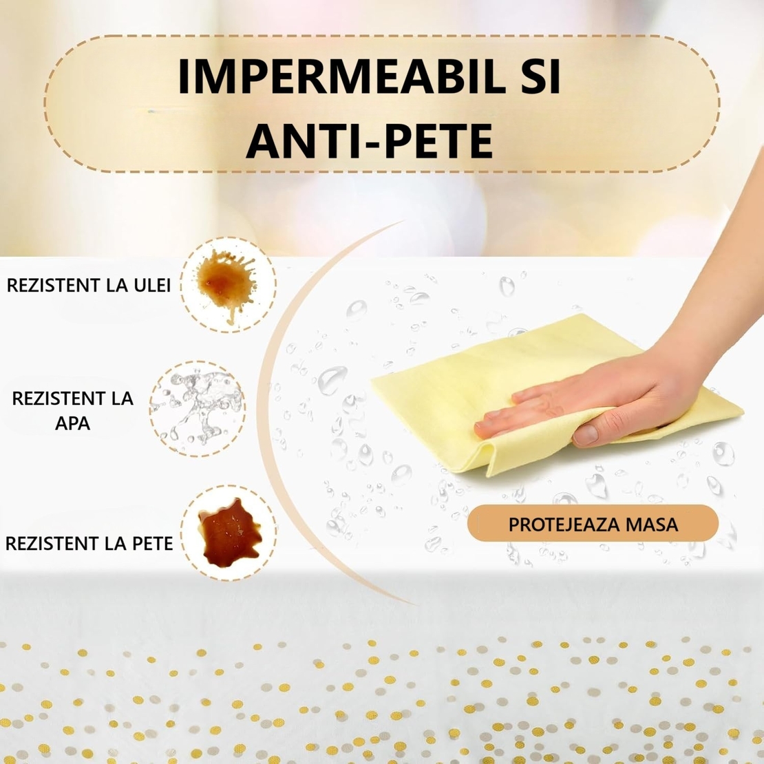 Fata de Masa, Flippy, din PEVA, Imprimeu Buline, 137 x 274 cm, Impermeabila, Fara Pete, Curatare Rapida, Crem