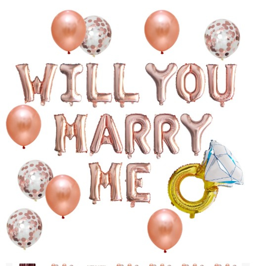 Set baloane decorative WILL YOU MARRY ME, Flippy, set din 12 piese, 10 baloane latex, 1 set Marry me, 1 balon folie inel, Rose Gold