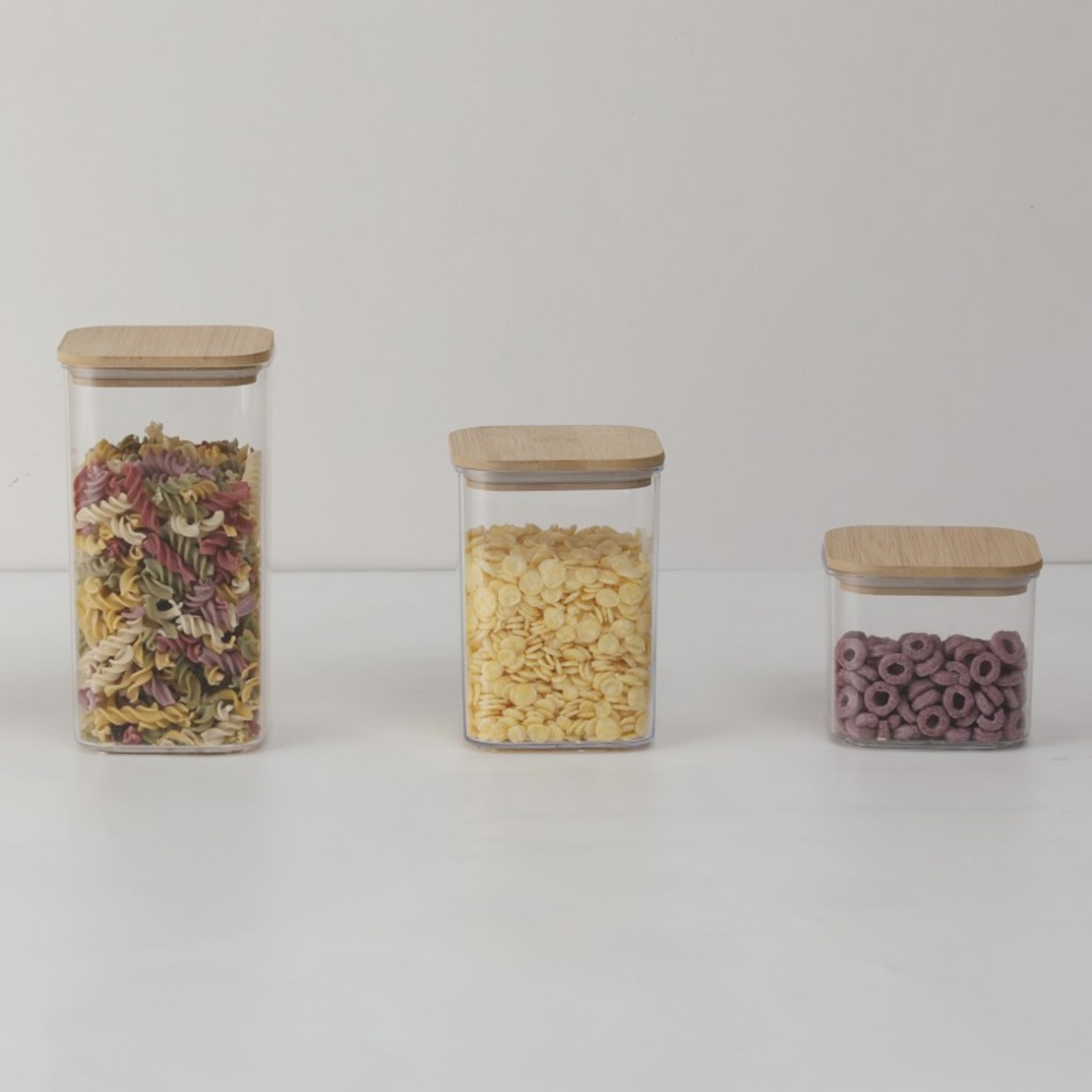 Cutii de Depozitare Alimente, Flippy, Set din 6 Cutii de tip Container, Cutii pentru Cereale, din Plastic, Capac din Bambuc, 2pc 0.5 l. 2pc 0.8 l, 2pc 1.2 l, Transparente