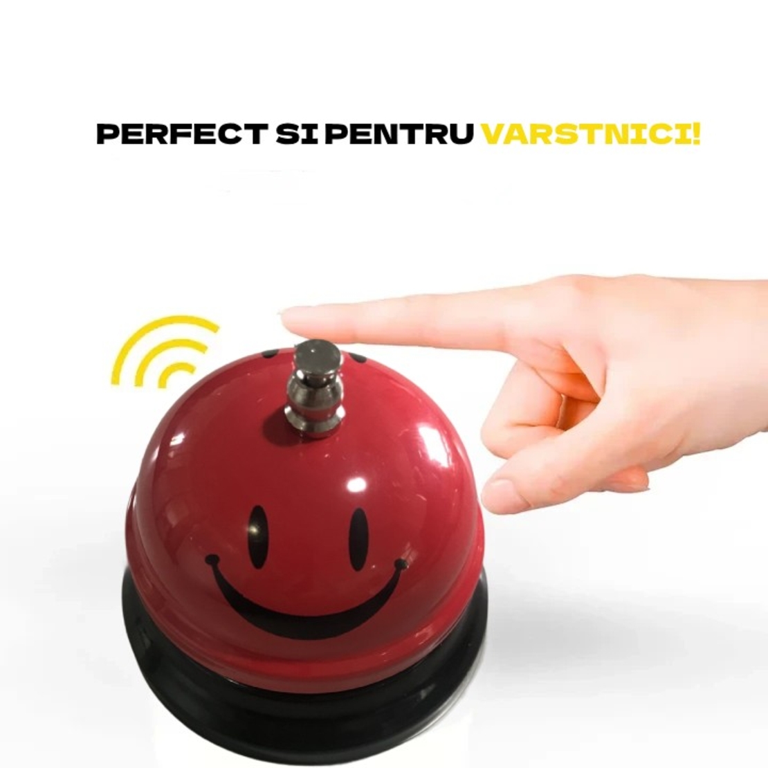 Clopotel Metalic Multifunctional, Flippy, Rosu cu Imprimeu Smiley Face, 7.5x7.5x6.5 cm, Receptie, Restaurant, Cafenele
