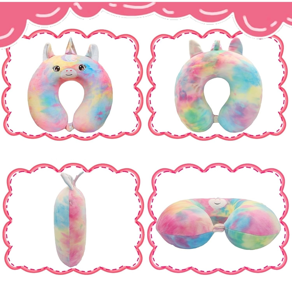 Perna de Calatorie in Forma de U, Flippy, Pentru Gat si Cap, Umplutura din Spuma cu Memorie, 30x30 cm, Model Unicorn, Accesoriu de Voiaj, Birou, Masina, Sistem Prindere Capse, Multicolor