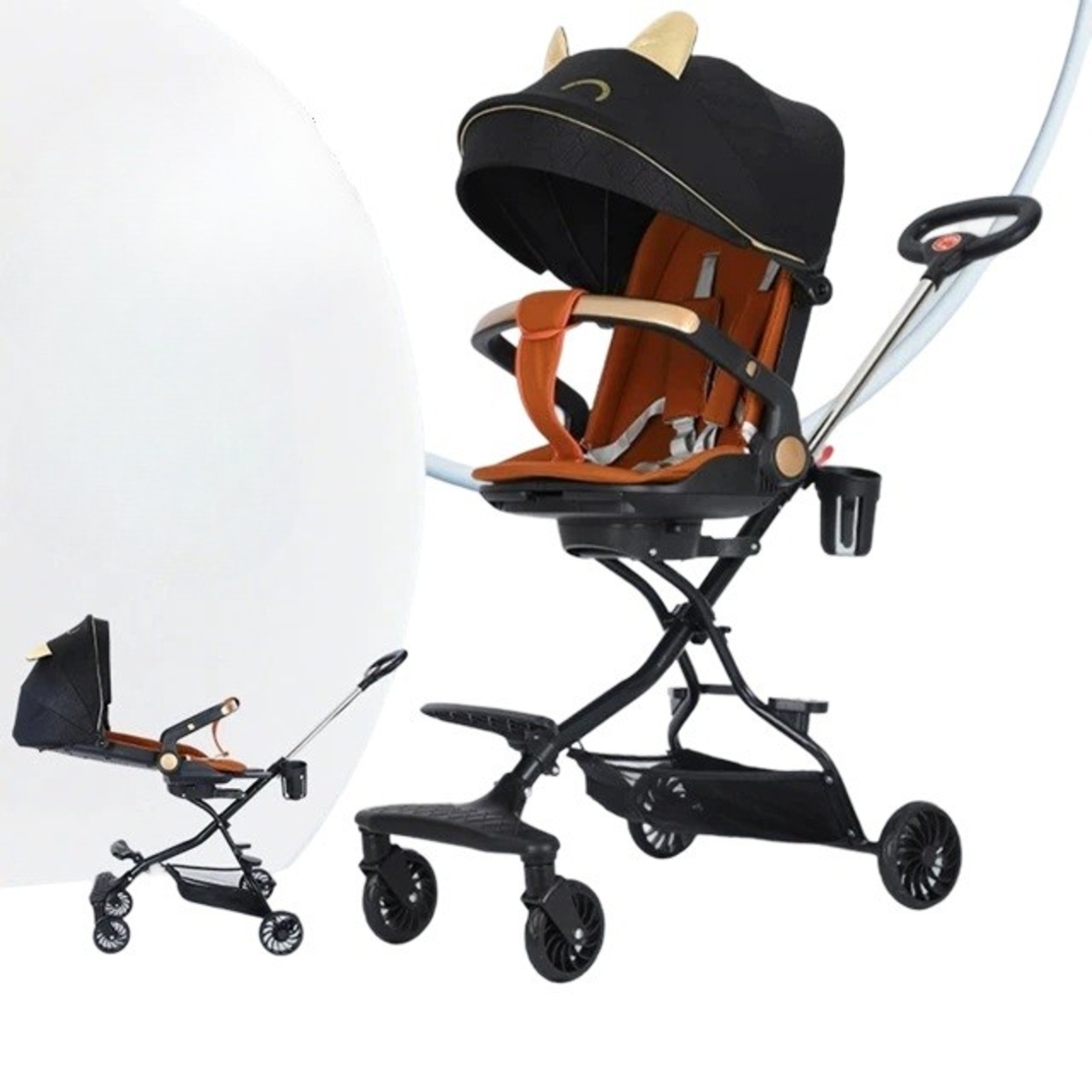 Carucior Sport Flippy 3in1, 6-36 Luni, Reversibil, Pliabil, Tavita pentru Masa, Pozitie de Somn, Centura de Siguranta, Roti 360, Suport Pahar, Copertina pentru Soare, 32x63x95cm, Negru, Model Pisicute