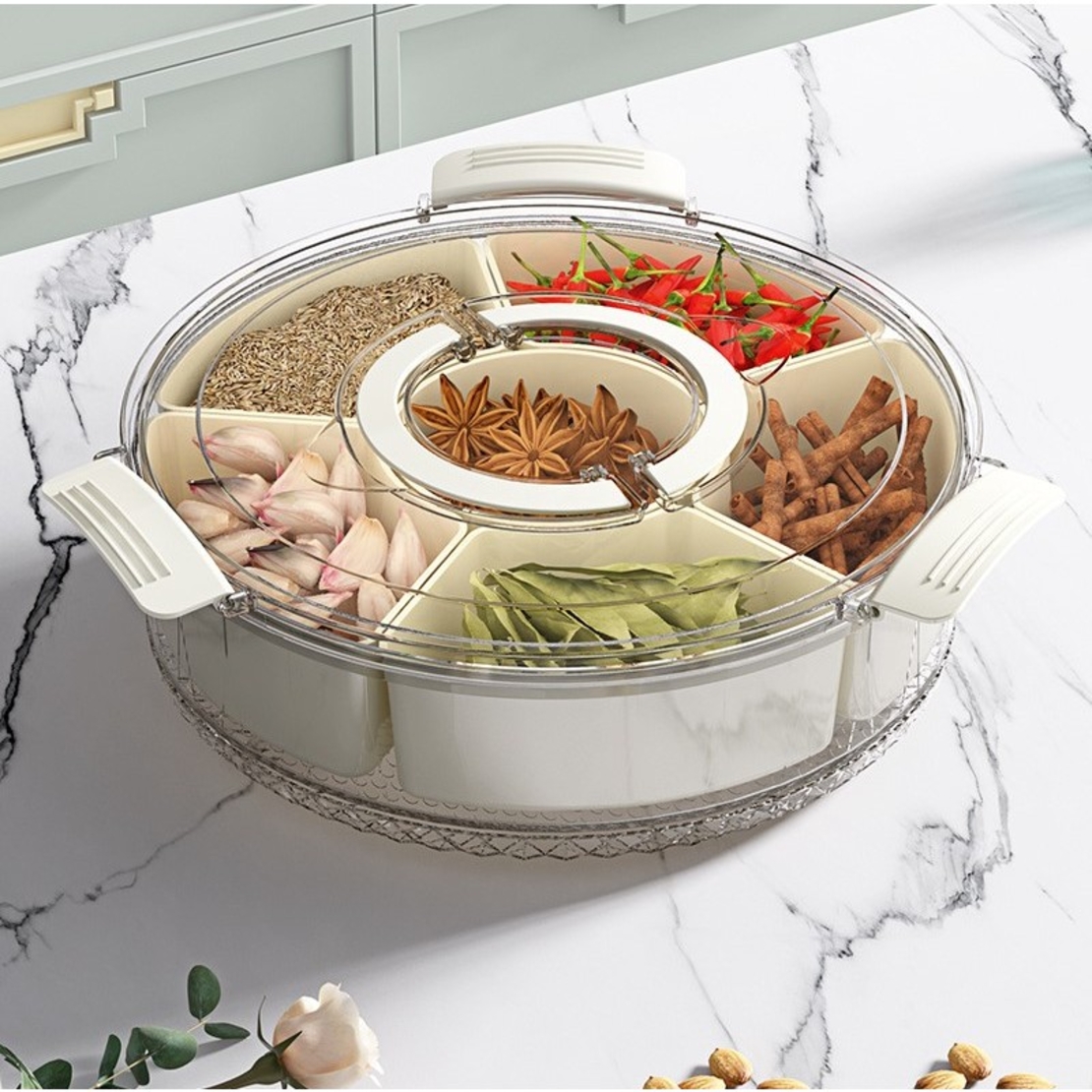 Cutie de Depozitare pentru Alimente, Flippy, cu 6 Compartimente, pentru Condimente, Fructe, Legume, cu Manere de Prindere, Rotativa 360 de Grade, Inchidere Ermetica, 32x8 cm, Alba